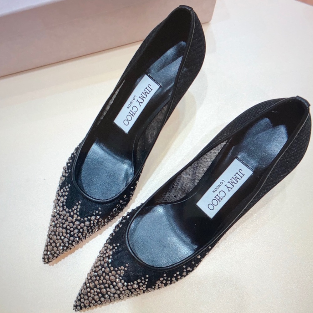 Jimmy Choo Black Pointed-Toe Mesh Flats with Crystal Studs